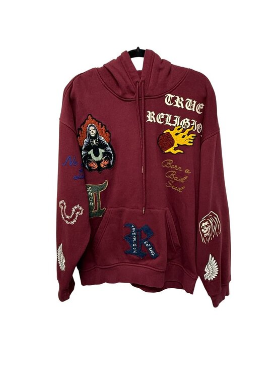True Religion Other - True Religion Men's Relaxed Fit Patch Graphic Hoodie Burgundy